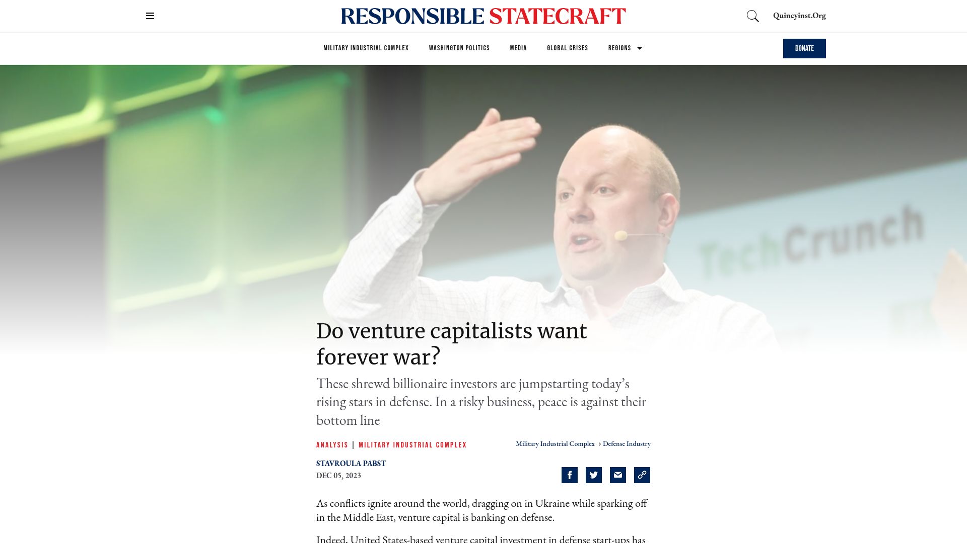 Screenshot of responsiblestatecraft.org: Do venture capitalists want forever war?