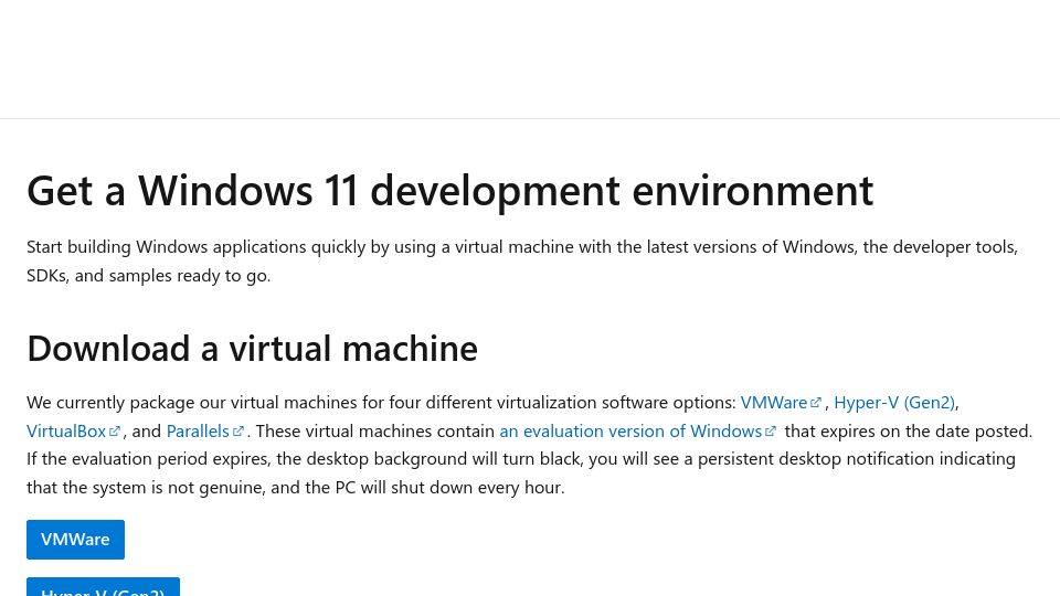 Screenshot of developer.microsoft.com: Get a Windows 11 development environment