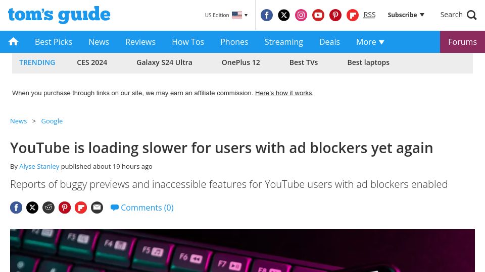 Screenshot of tomsguide.com: YouTube is loading slower for users with ad blockers yet again