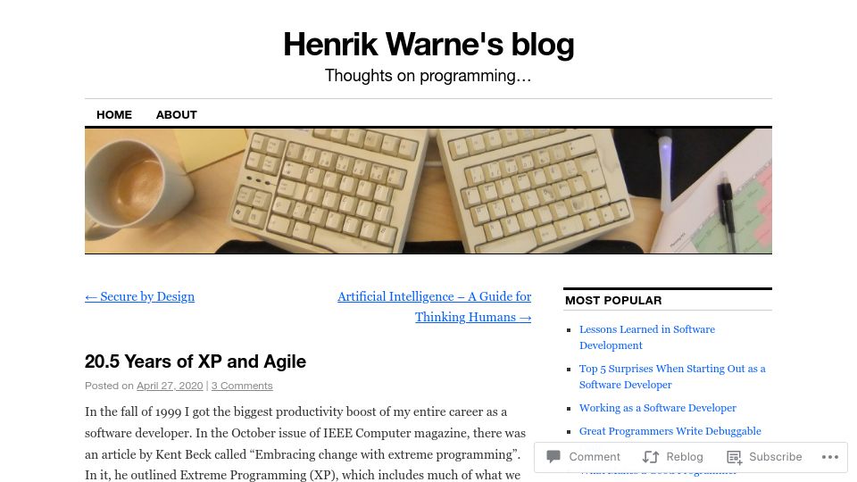 Screenshot of henrikwarne.com: 20.5 Years of XP and Agile (2020)