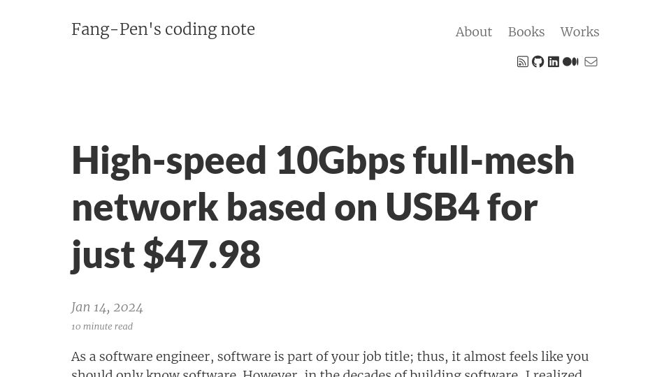 Screenshot of fangpenlin.com: High-speed 10Gbps full-mesh network based on USB4 for just $47.98