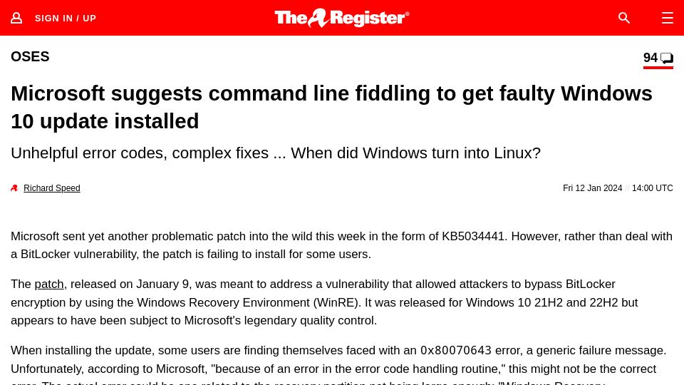 Screenshot of theregister.com: Microsoft suggests command line fiddling to get Windows 10 update installed