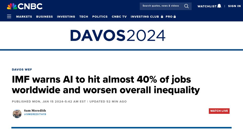 Screenshot of cnbc.com: AI to hit almost 40% of jobs worldwide