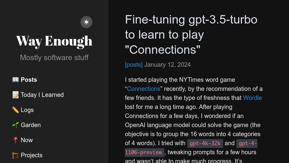 Screenshot of danielcorin.com: (Unsuccessfully) Fine-tuning GPT to play "Connections"