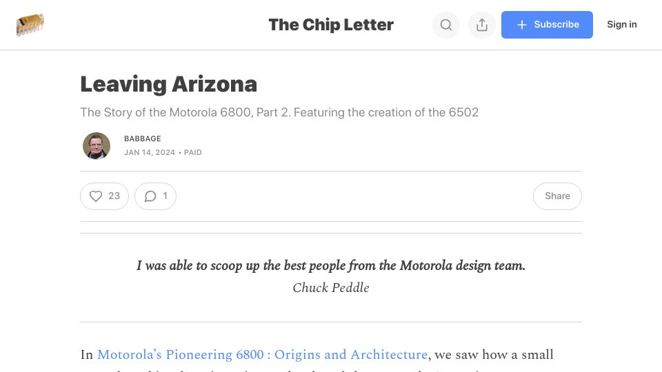 Screenshot of thechipletter.substack.com: Leaving Arizona – the Story of the Motorola 6800 part 2 and creation of the 6502