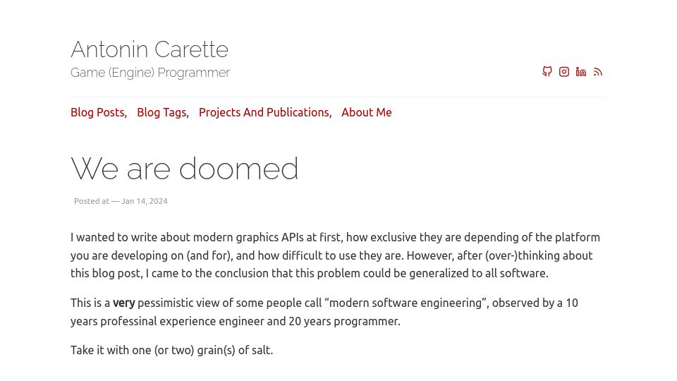 Screenshot of carette.xyz: We Are Doomed: A pessimistic point of view of "modern software engineering"