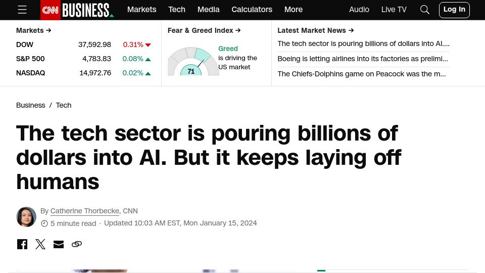 Screenshot of cnn.com: Tech sector is pouring billions of dollars into AI. It keeps laying off humans
