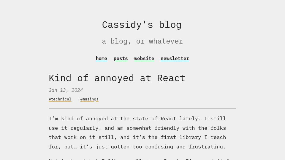 Screenshot of blog.cassidoo.co: Kind of annoyed at React