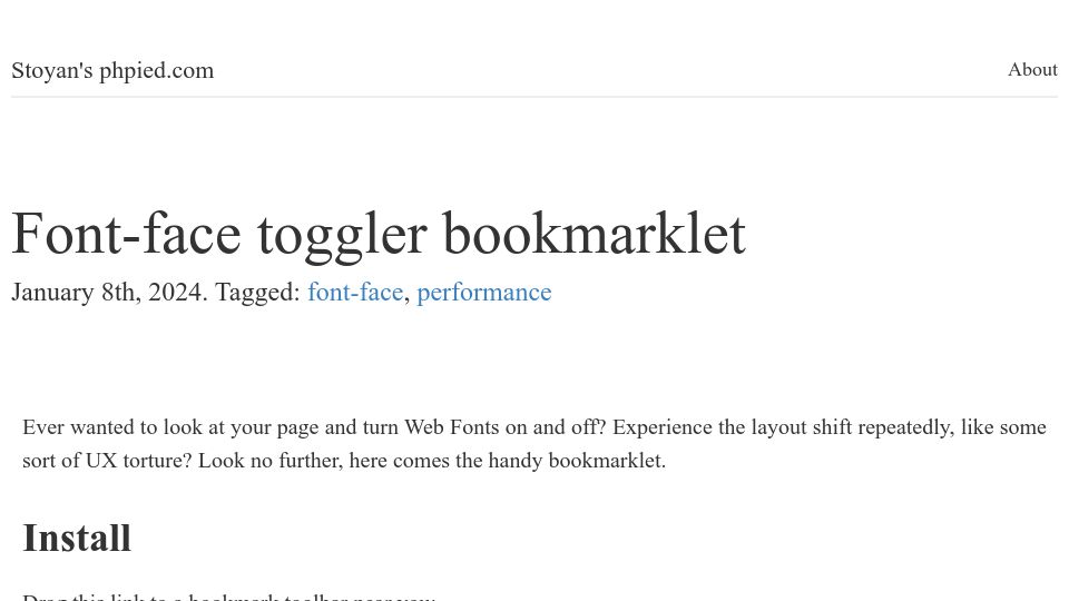 Screenshot of phpied.com: Font-Face Toggler Bookmarklet