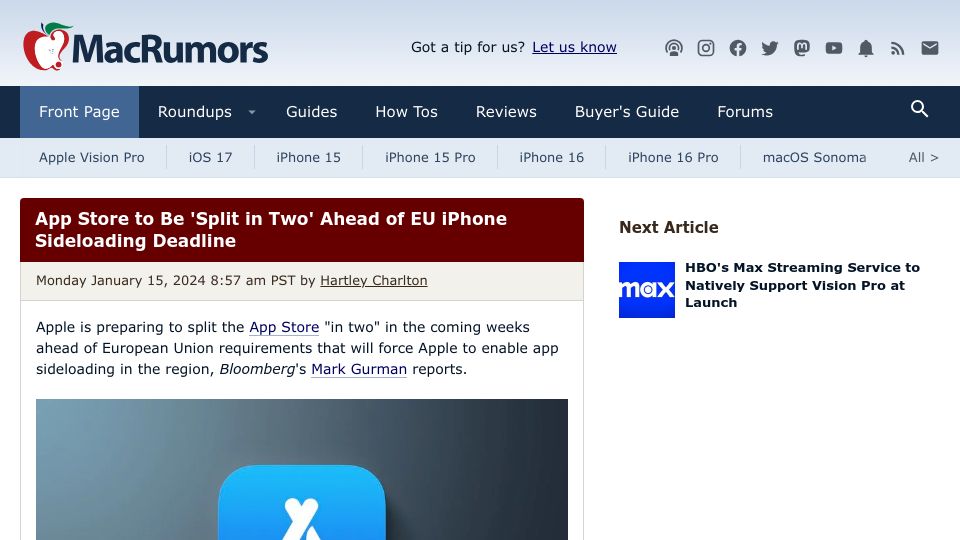 Screenshot of macrumors.com: App store to be 'split in two' ahead of EU iPhone sideloading deadline: report