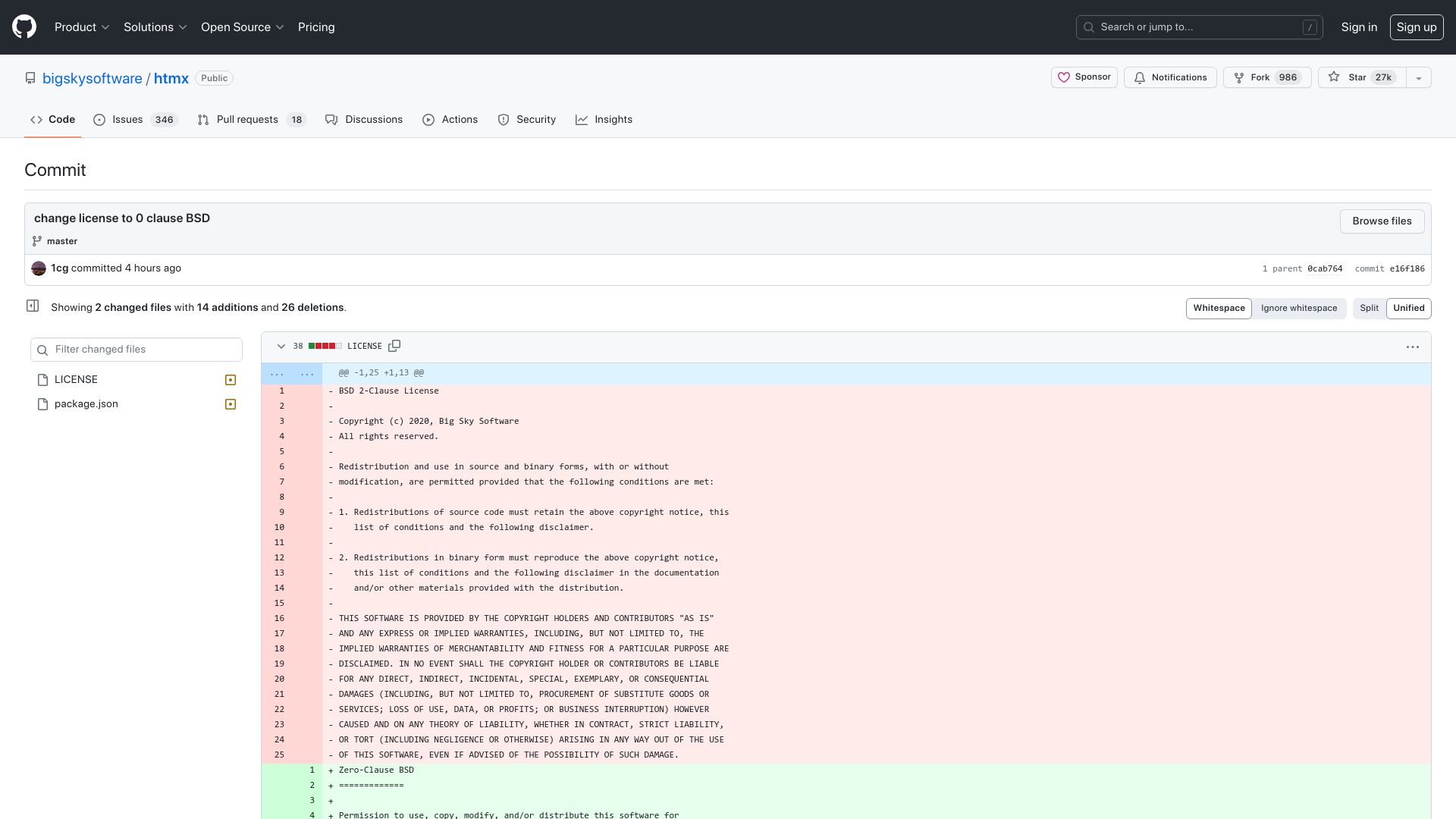 Screenshot of github.com: Htmx changes license to Zero-Clause BSD