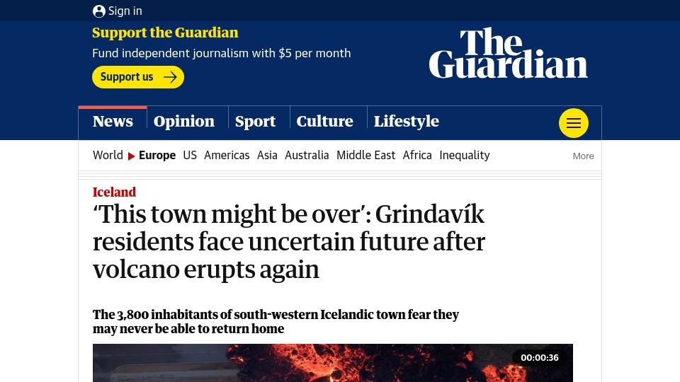 Screenshot of theguardian.com: Grindavík residents face uncertain future after volcano erupts again