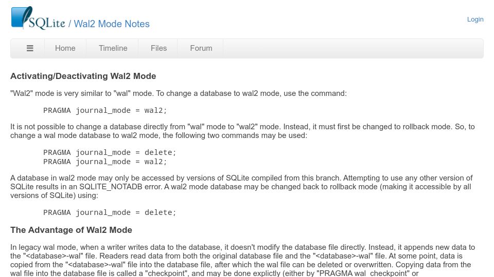Screenshot of sqlite.org: SQLite: Wal2 Mode
