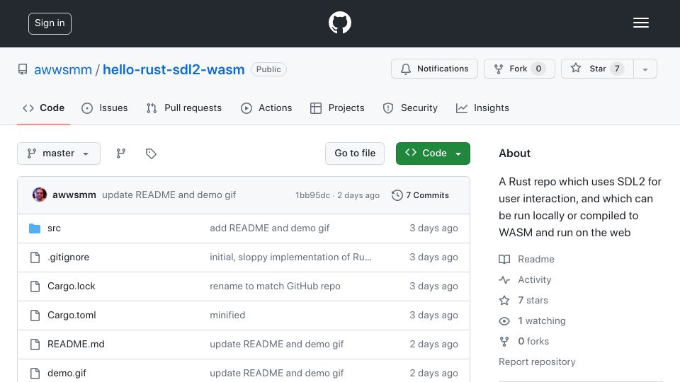 Screenshot of github.com: Show HN: A minimal working Rust / SDL2 / WASM browser game