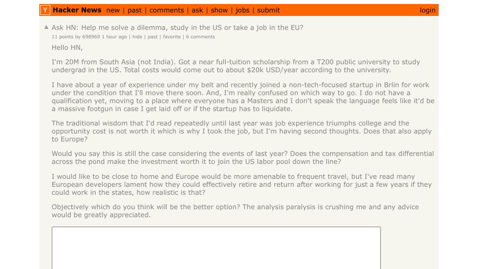 Screenshot of Hacker News post: Ask HN: Help me solve a dilemma, study in the US or take a job in the EU?