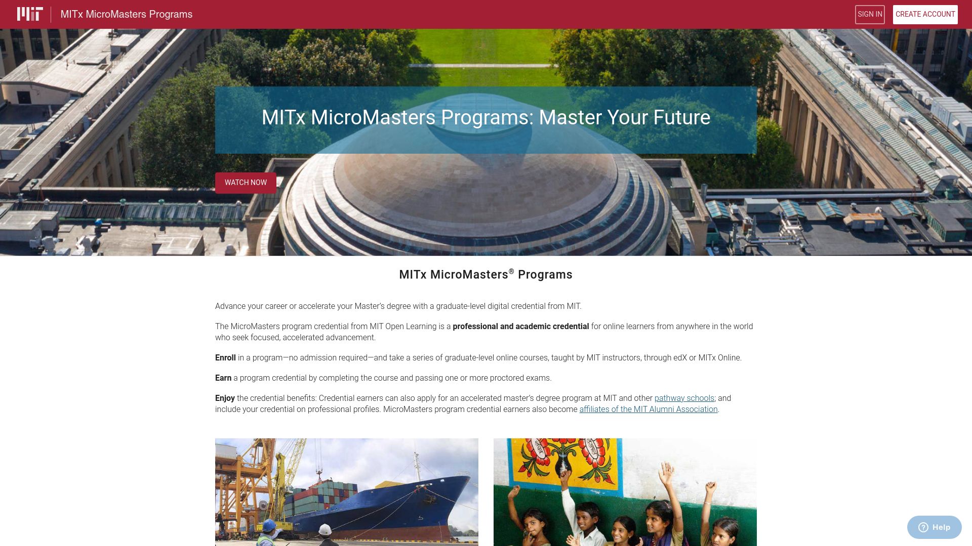 Screenshot of micromasters.mit.edu: MIT MicroMasters