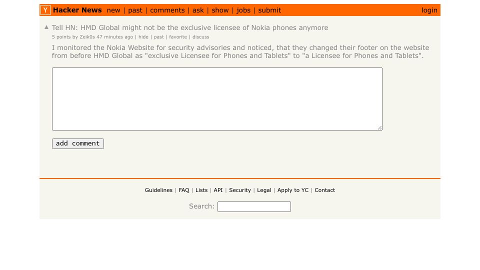 Screenshot of Hacker News post: Tell HN: HMD Global might not be the exclusive licensee of Nokia phones anymore