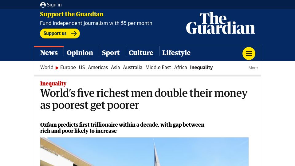 Screenshot of theguardian.com: Five richest men double their money as poorest get poorer