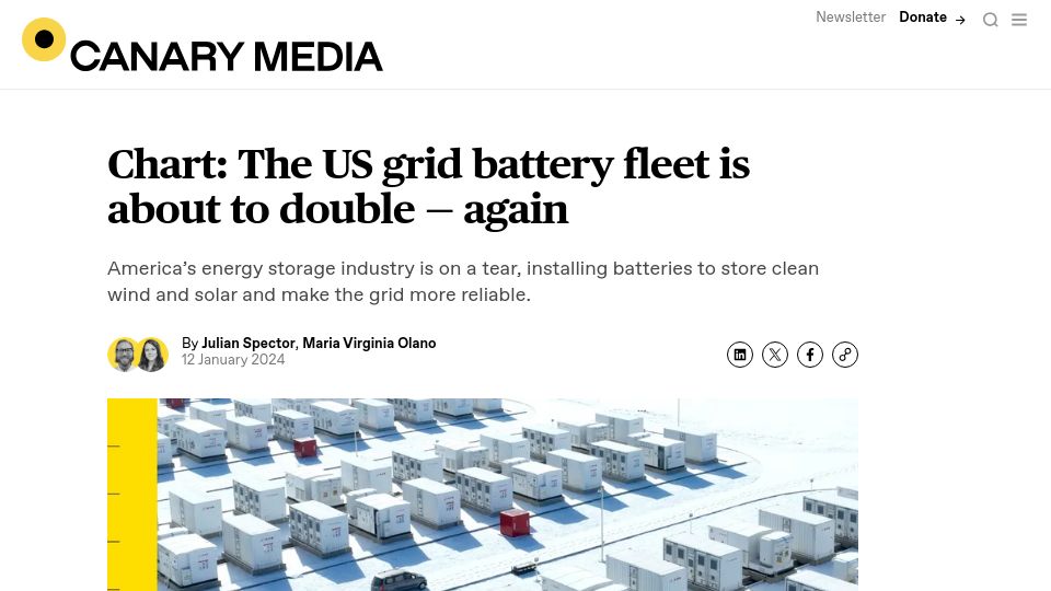 Screenshot of canarymedia.com: The US grid battery fleet is about to double – again