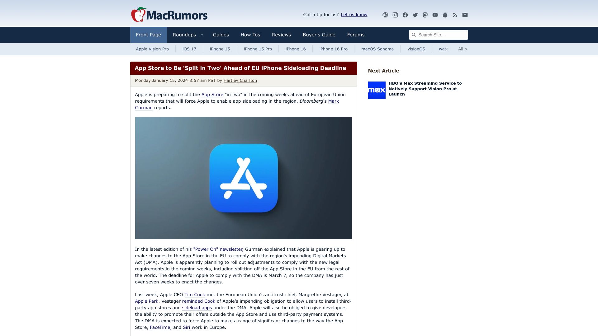 Screenshot of macrumors.com: App store to be 'split in two' ahead of EU iPhone sideloading deadline: report