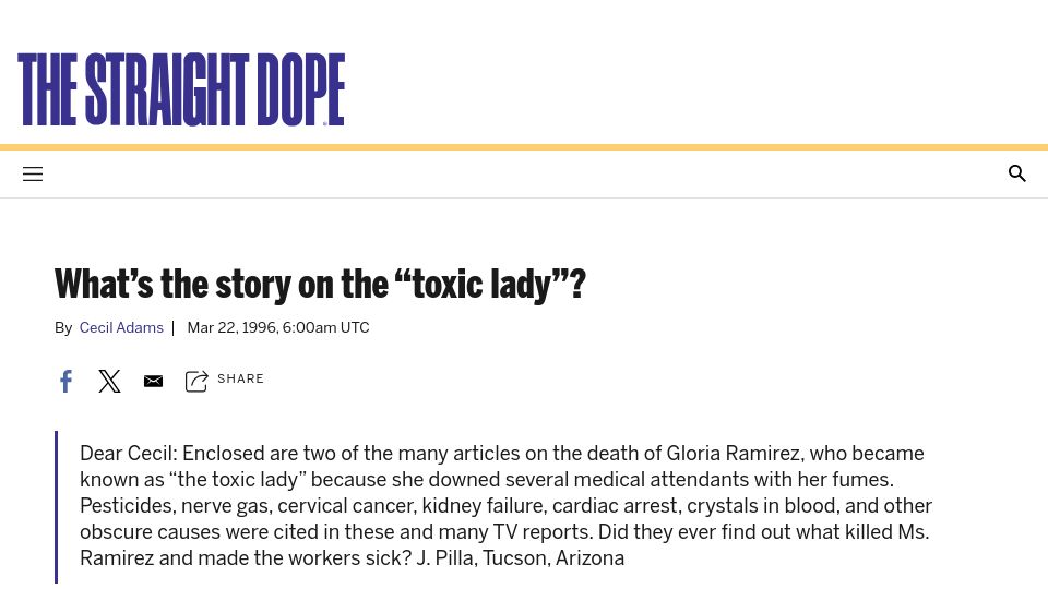 Screenshot of straightdope.com: What's the story on the "toxic lady"? (1996)