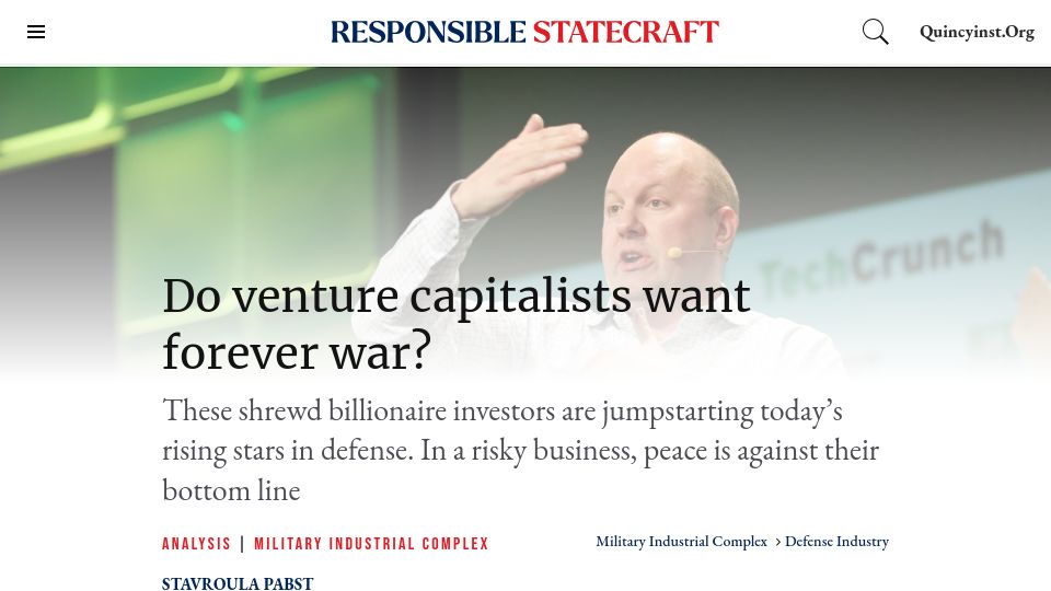 Screenshot of responsiblestatecraft.org: Do venture capitalists want forever war?