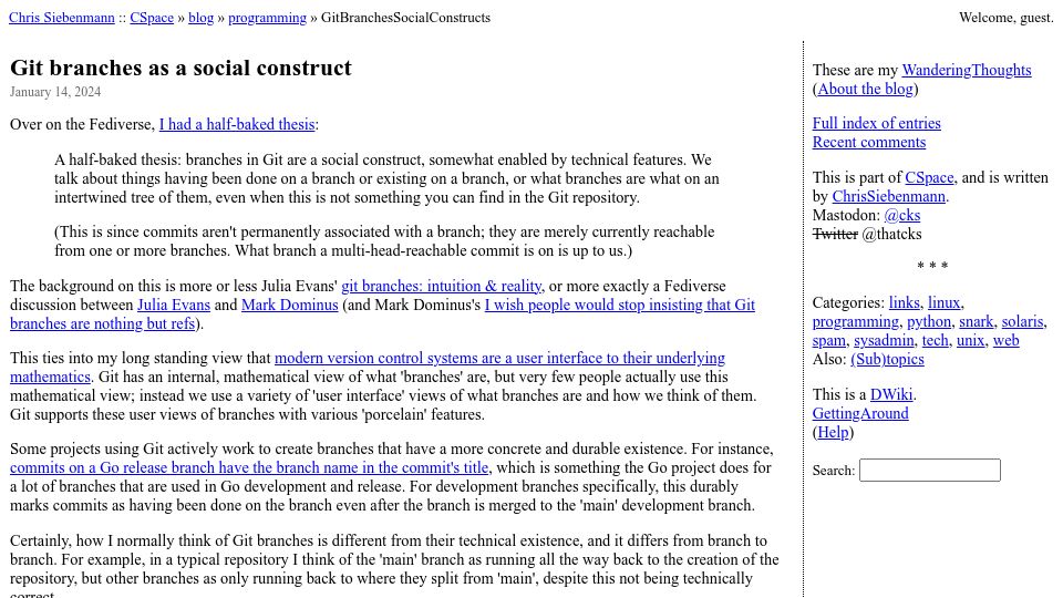 Screenshot of utcc.utoronto.ca: Git Branches as a Social Construct