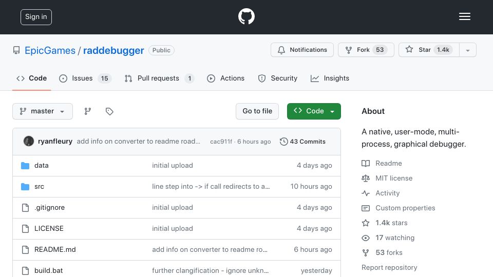 Screenshot of github.com: RAD Debugger by Epic Games