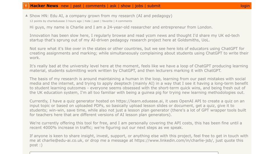 Screenshot of Hacker News post: Show HN: Edu AI, a company grown from my research (AI and pedagogy)
