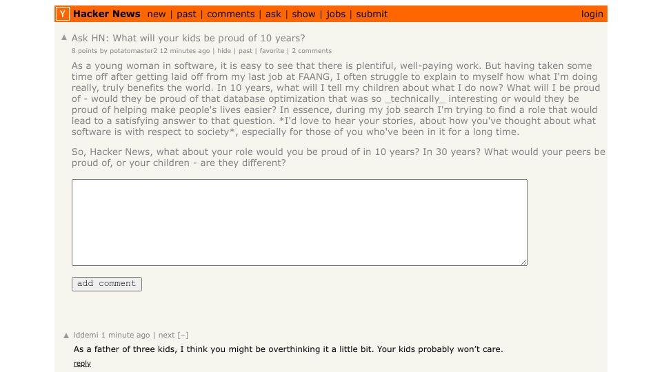 Screenshot of Hacker News post: Ask HN: What will your kids be proud of 10 years?