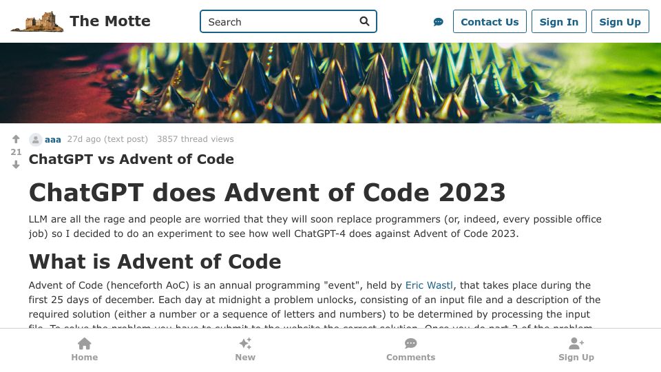 Screenshot of themotte.org: ChatGPT does Advent of Code 2023