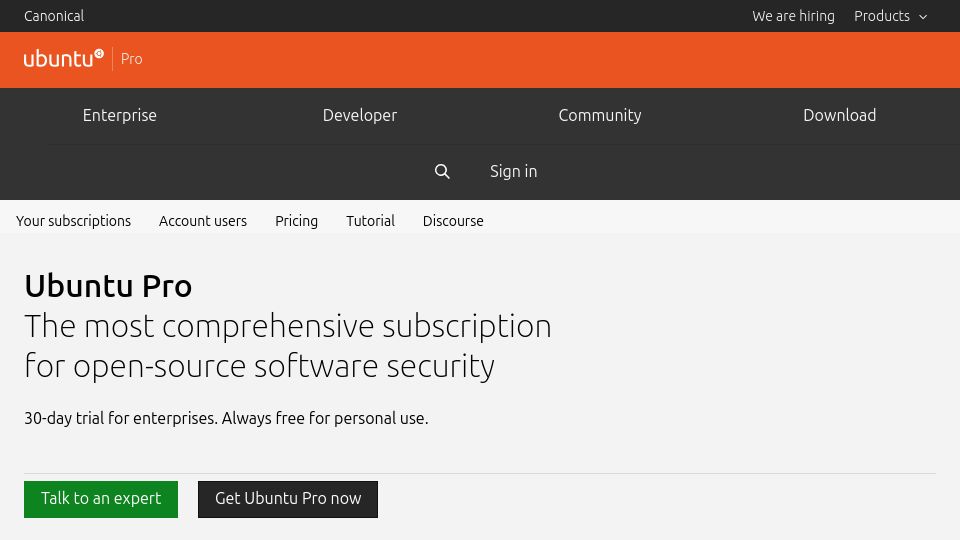 Screenshot of ubuntu.com: Ubuntu Pro