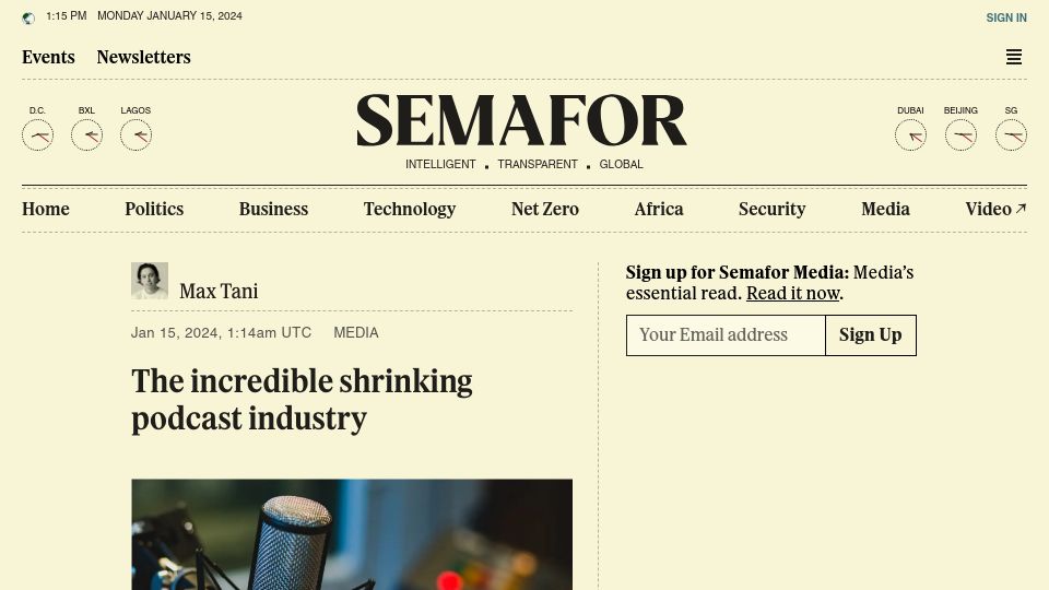 Screenshot of semafor.com: The incredible shrinking podcast industry?