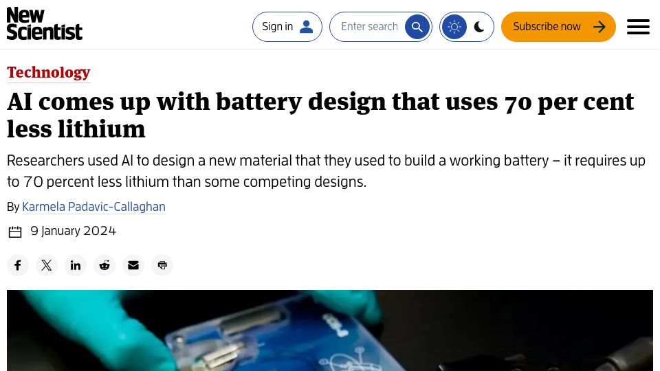 Screenshot of newscientist.com: AI comes up with battery design that uses 70 per cent less lithium