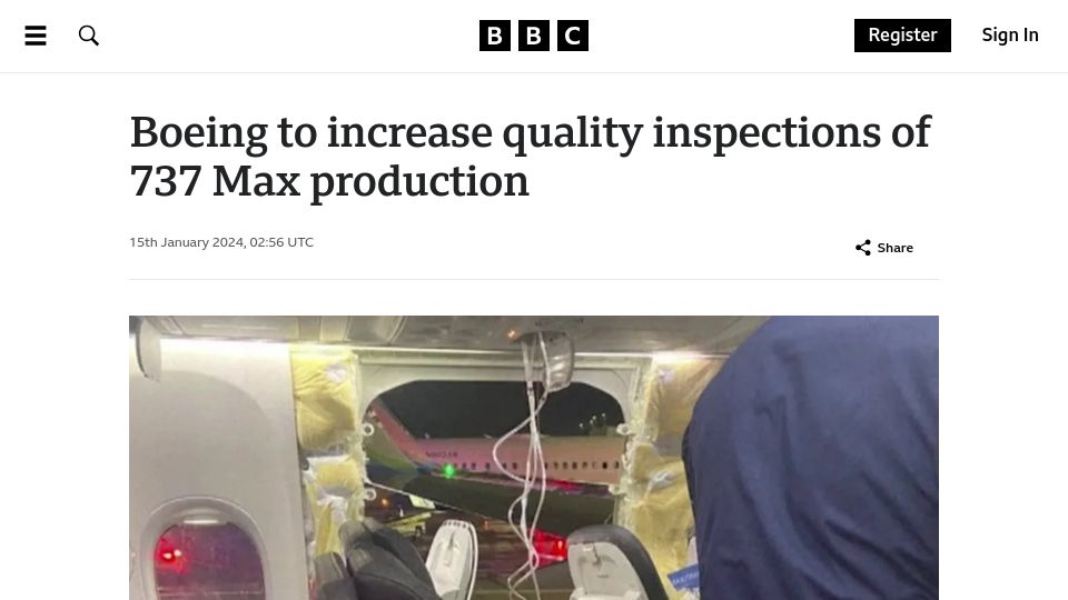 Screenshot of bbc.co.uk: Boeing to increase quality inspections of 737 MAX production