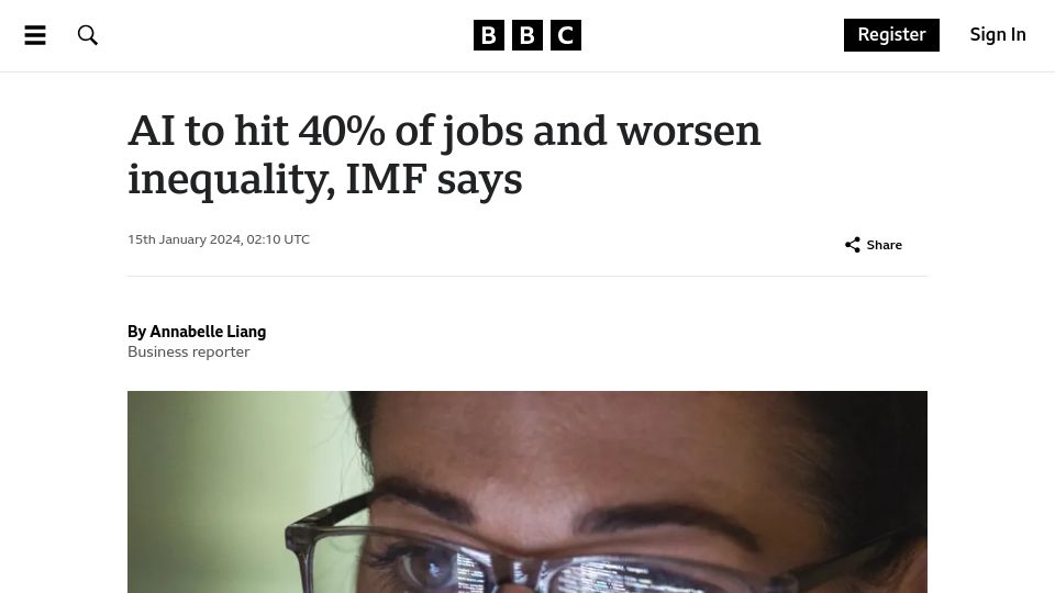 Screenshot of bbc.co.uk: AI to hit 40% of jobs and worsen inequality, IMF says