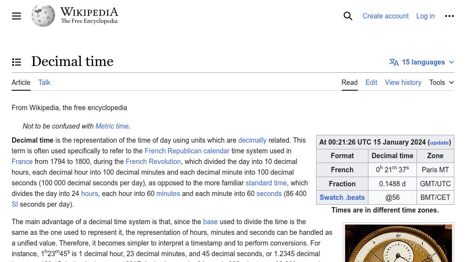Screenshot of en.wikipedia.org: Decimal Time
