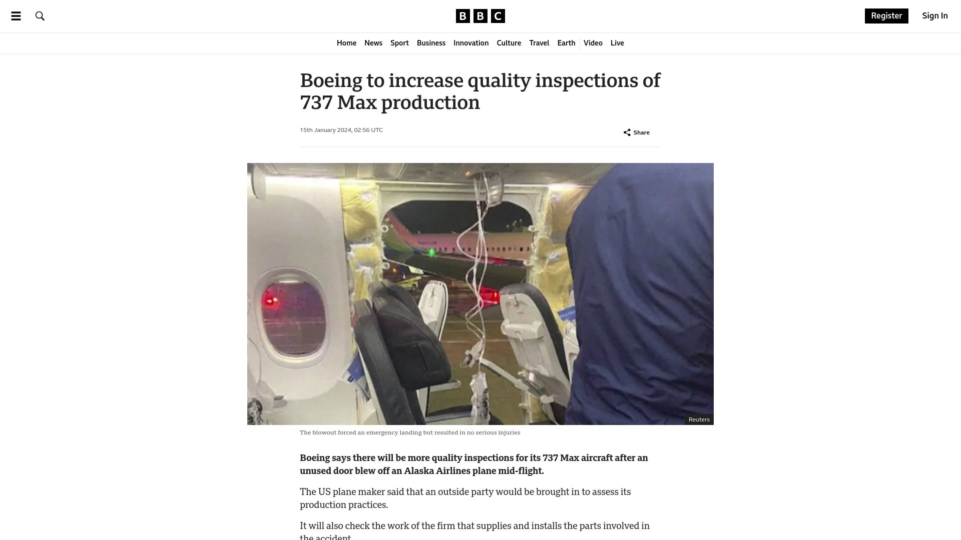 Screenshot of bbc.co.uk: Boeing to increase quality inspections of 737 MAX production