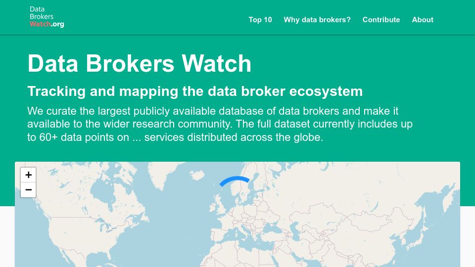 Screenshot of databrokerswatch.org: Tracking and mapping the data broker ecosystem
