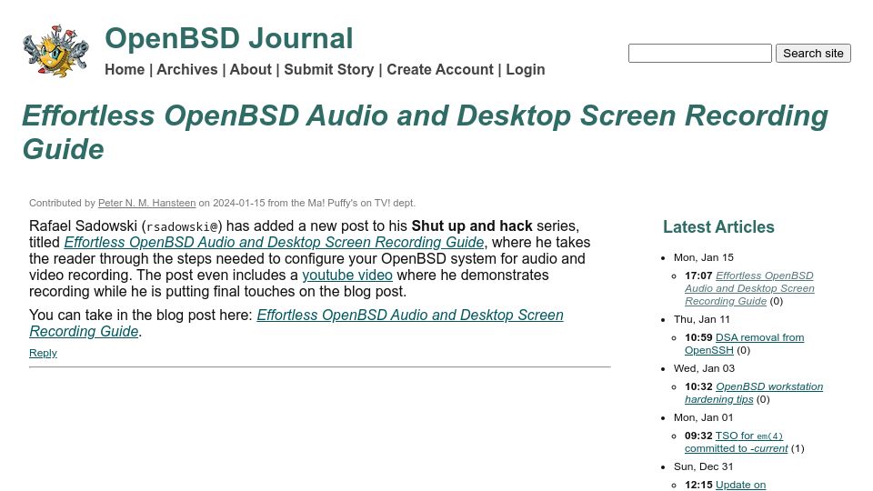 Screenshot of undeadly.org: Effortless OpenBSD Audio and Desktop Screen Recording Guide