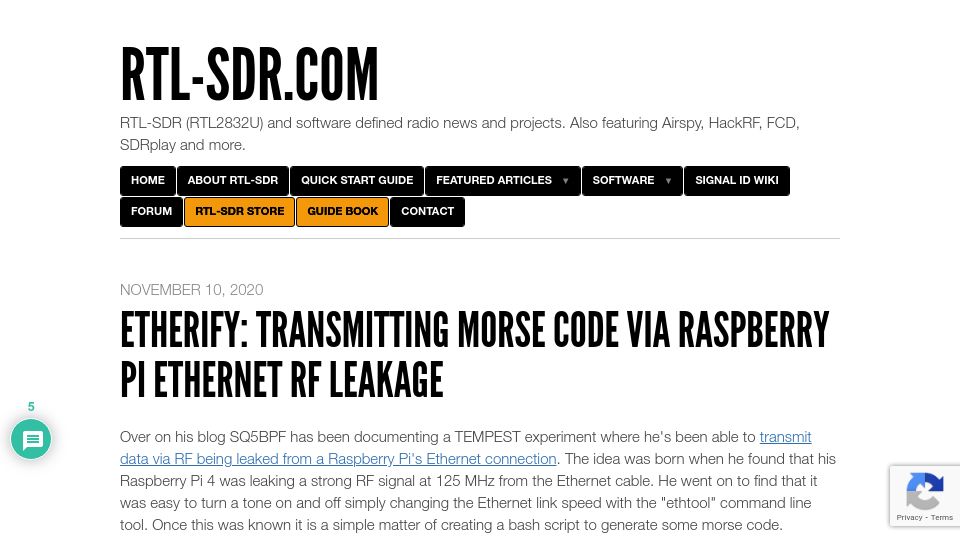 Screenshot of rtl-sdr.com: Etherify: Transmitting Morse Code via Raspberry Pi Ethernet RF Leakage (2020)