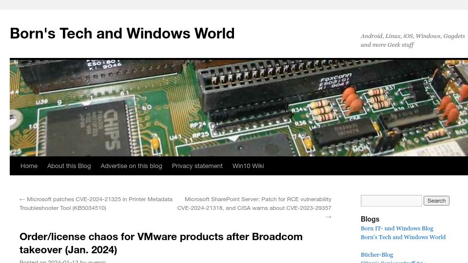 Screenshot of borncity.com: Order/license chaos for VMware products after Broadcom takeover