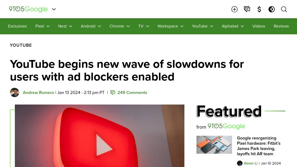 Screenshot of 9to5google.com: YouTube begins new wave of slowdowns for users with ad blockers enabled