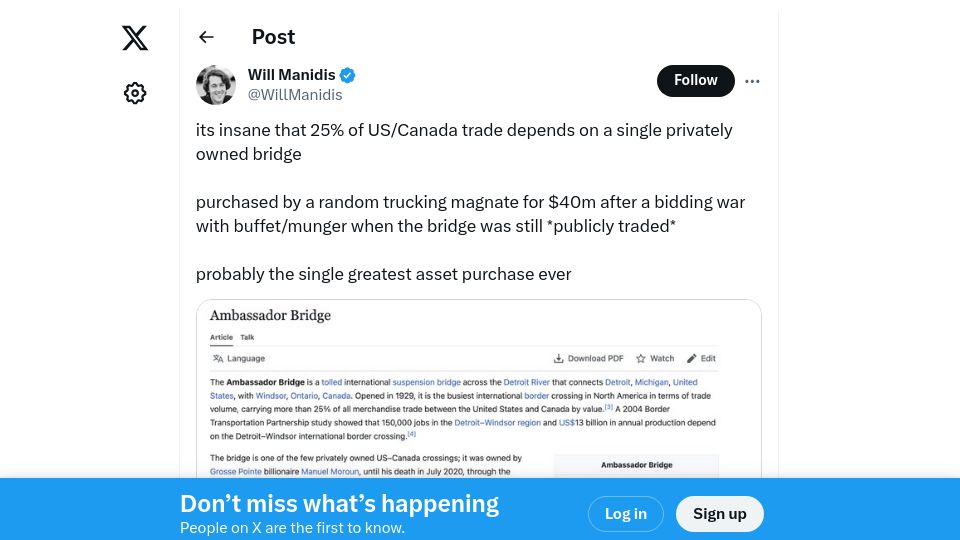 Screenshot of twitter.com: 25% of US/Canada trade depends on a single privately owned bridge