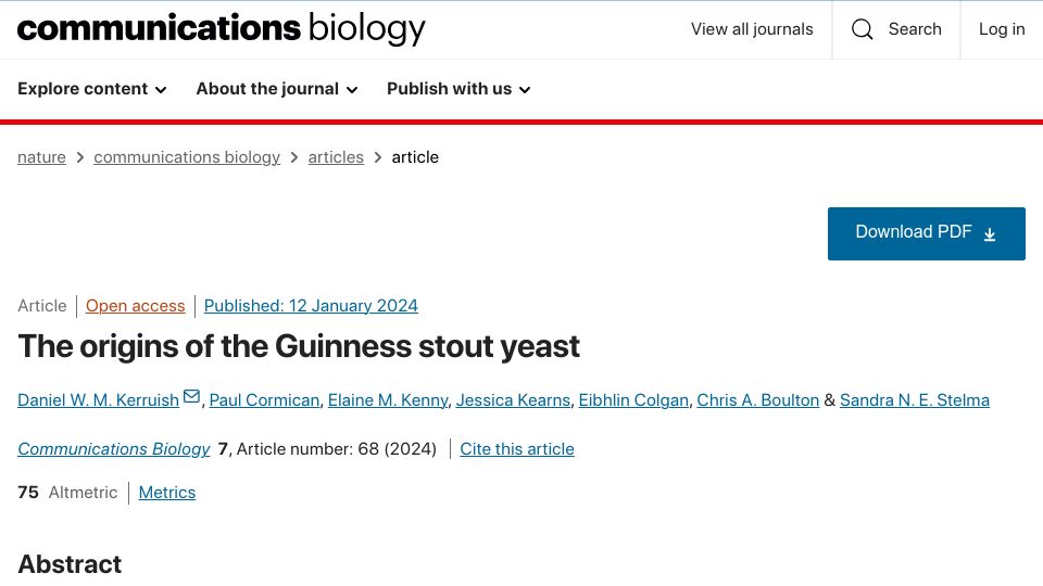Screenshot of nature.com: The origins of the Guinness stout yeast