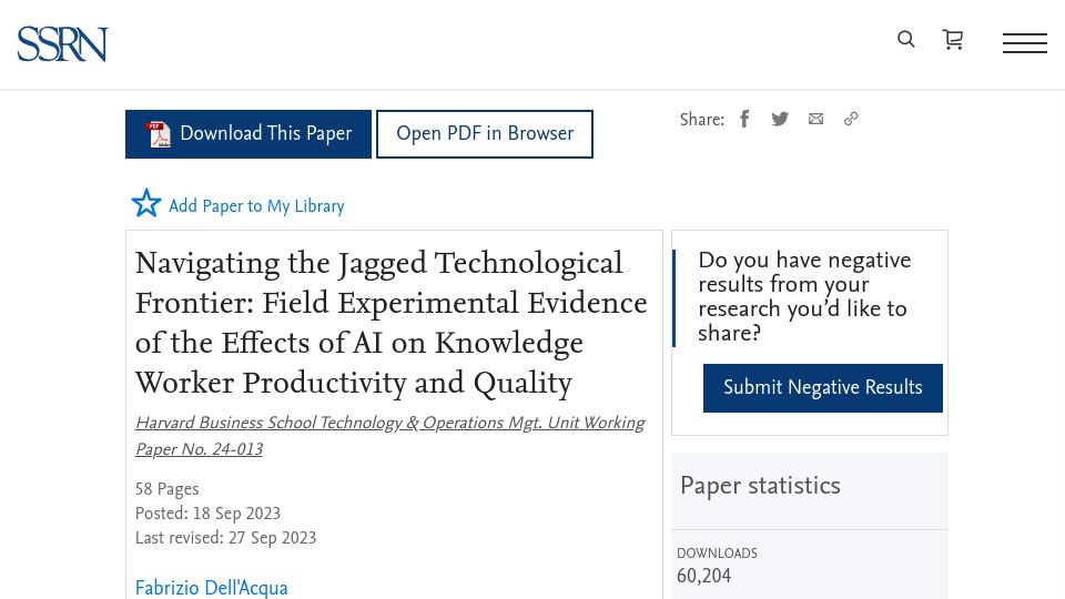 Screenshot of oneusefulthing.org: Field experimental evidence of AI on knowledge worker productivity and quality