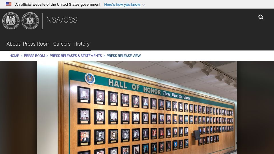 Screenshot of nsa.gov: Five cryptologic giants to be inducted into NSA's Cryptologic Hall of Honor