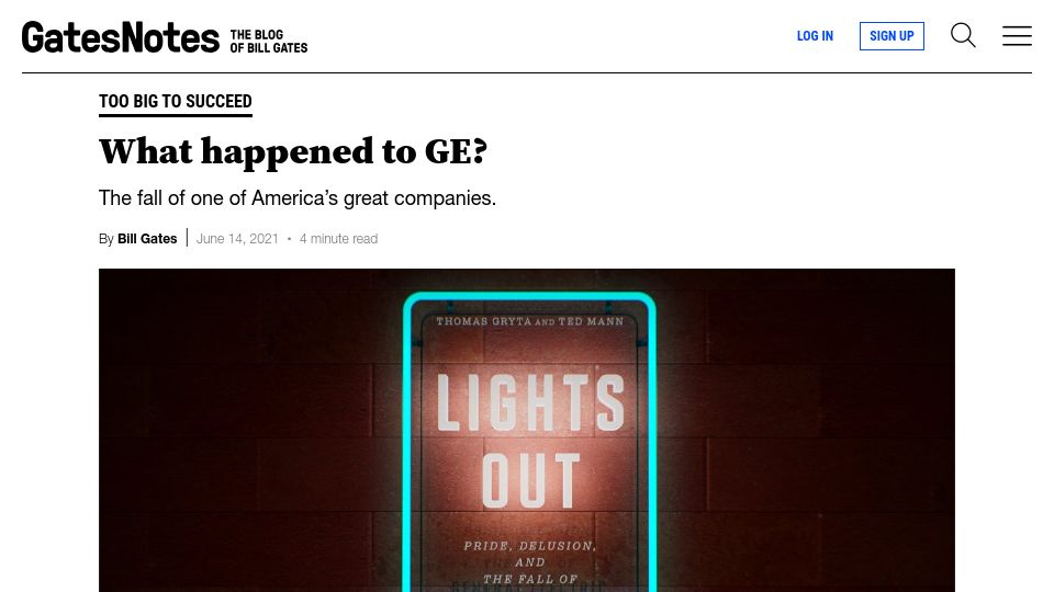 Screenshot of gatesnotes.com: What Happened to GE? (2021)