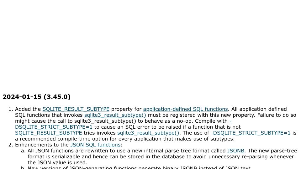 Screenshot of sqlite.org: SQLite 3.45 released with JSONB support