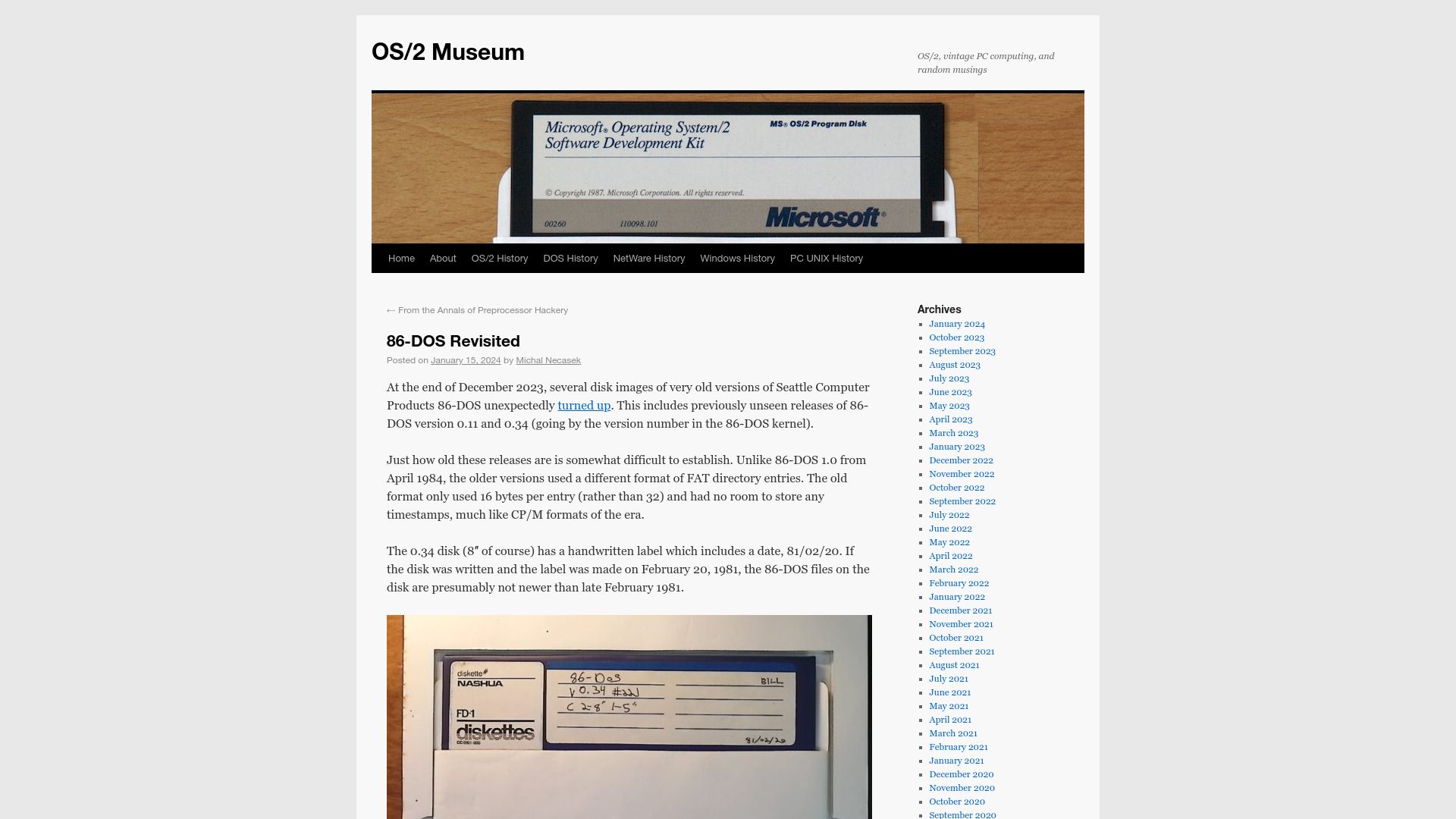 Screenshot of os2museum.com: 86-DOS Revisited